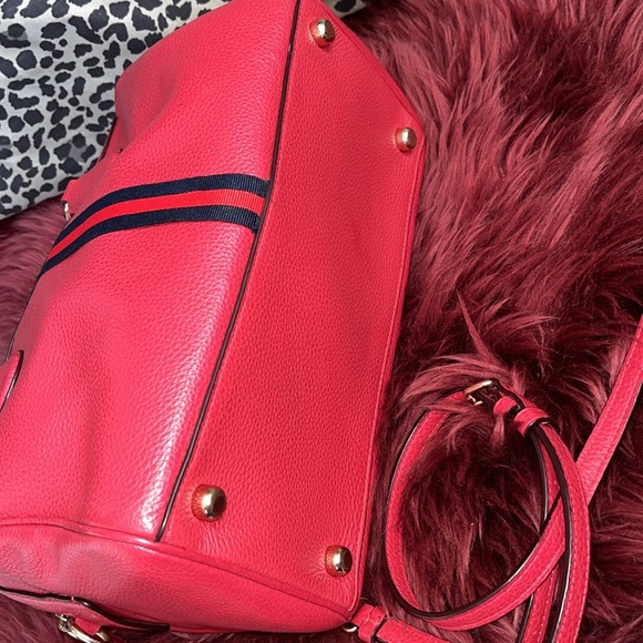 COACH Red Pebble Leather Handbag Satchel Shoulder strap Custom details Stripe - Picture 4 of 11